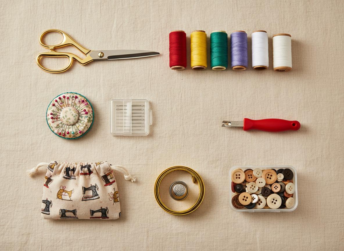 A neatly organized beginner sewing kit with tools, thread, and notions