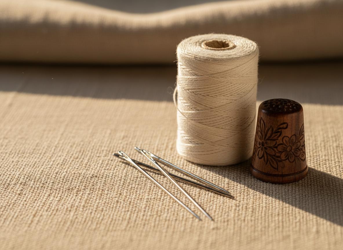 Close-up of quality sewing thread and hand-sewing needles